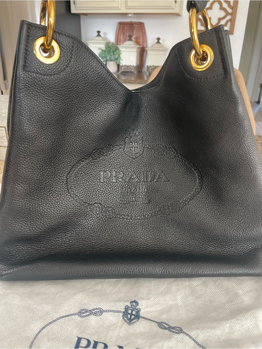 Prada Black Pebbled Leather Shoulder Hobo with Gold Rings